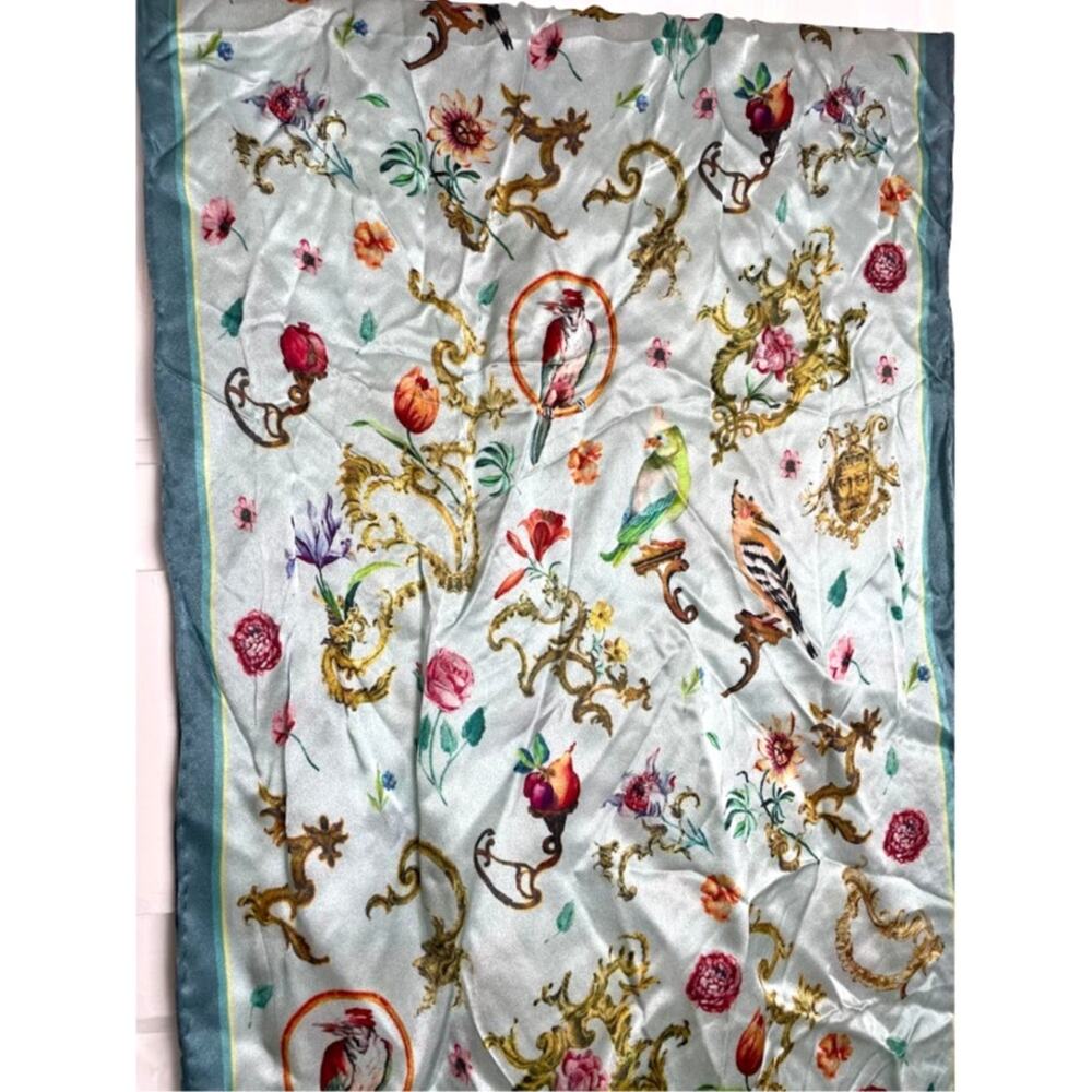 Satin Floral Bird Scarf Ice Blue Coquette Enchanting Rectangle Wrap Neck Scarf